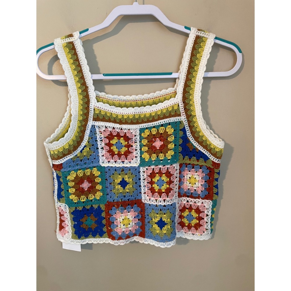 Adora Crochet Granny Square Boho Festival Cropped Tank Cottage Top Size‎ S